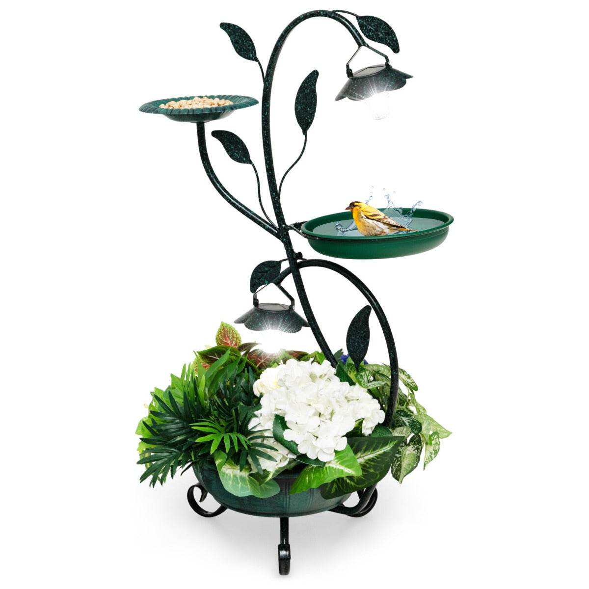 Conjunto Vintage de Banheira e Comedouro para Pássaros com Floreira Pedestal e Luzes Solares Banheira Decorativa para Pássaros para Jardim - Verde Escuro