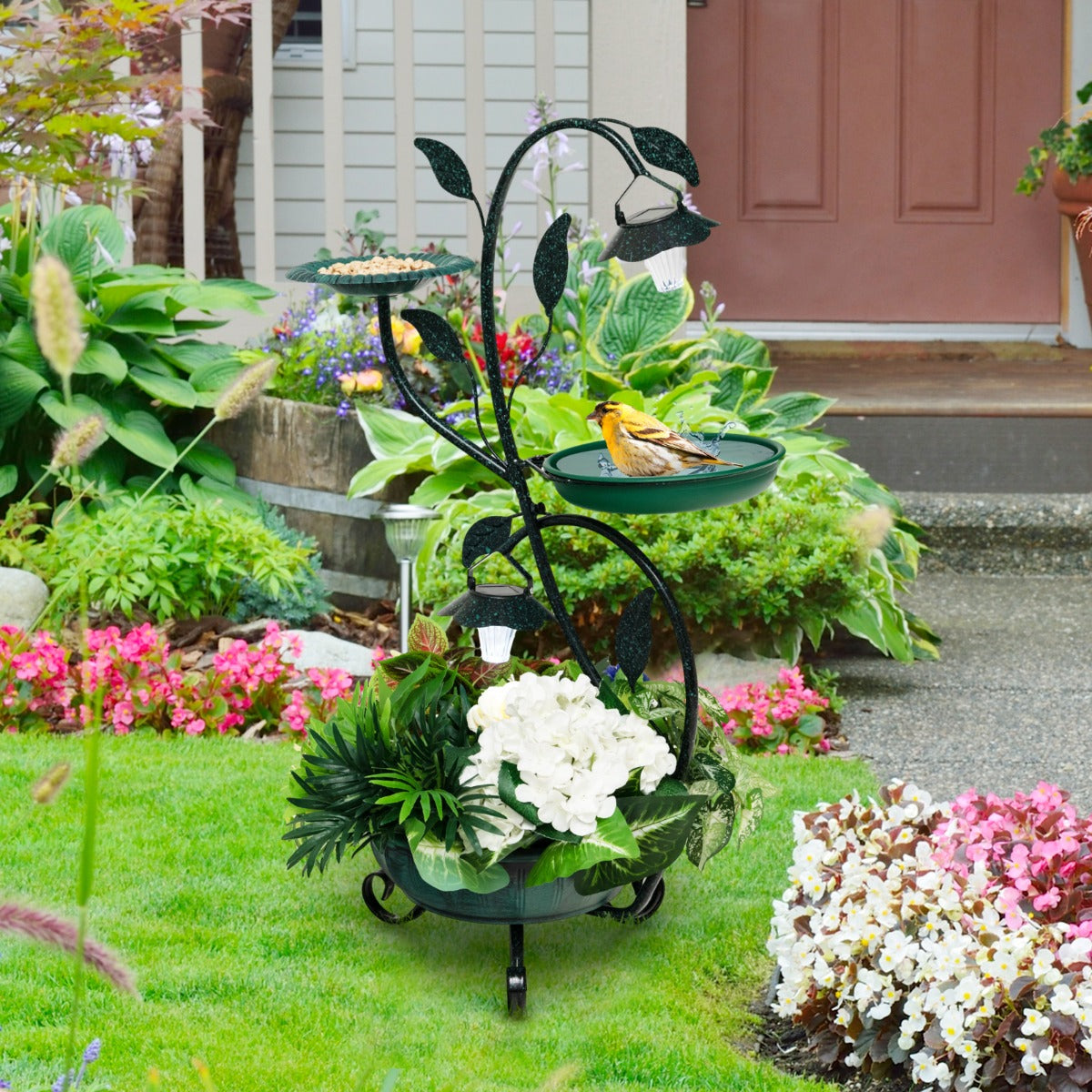 Conjunto Vintage de Banheira e Comedouro para Pássaros com Floreira Pedestal e Luzes Solares Banheira Decorativa para Pássaros para Jardim - Verde Escuro