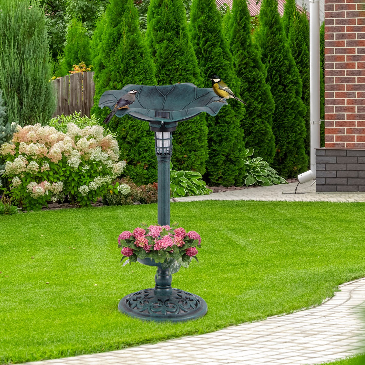 Banheira Solar para Pássaros com Taça de Folha de Lótus com Furos de Drenagem para Jardim Pátio 43 x 43 x 76 cm Verde