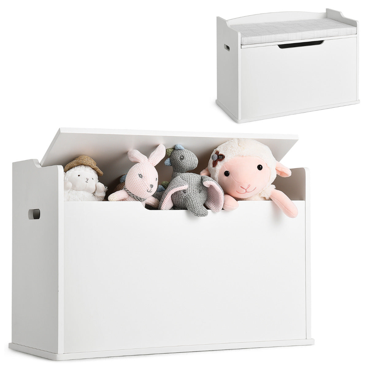 Baú de Brinquedos Cofre de Arrumação com Tampa Levantável Caixa de Brinquedos e Baú com Banco Duplo Uso como Banco Grande de Madeira Branco