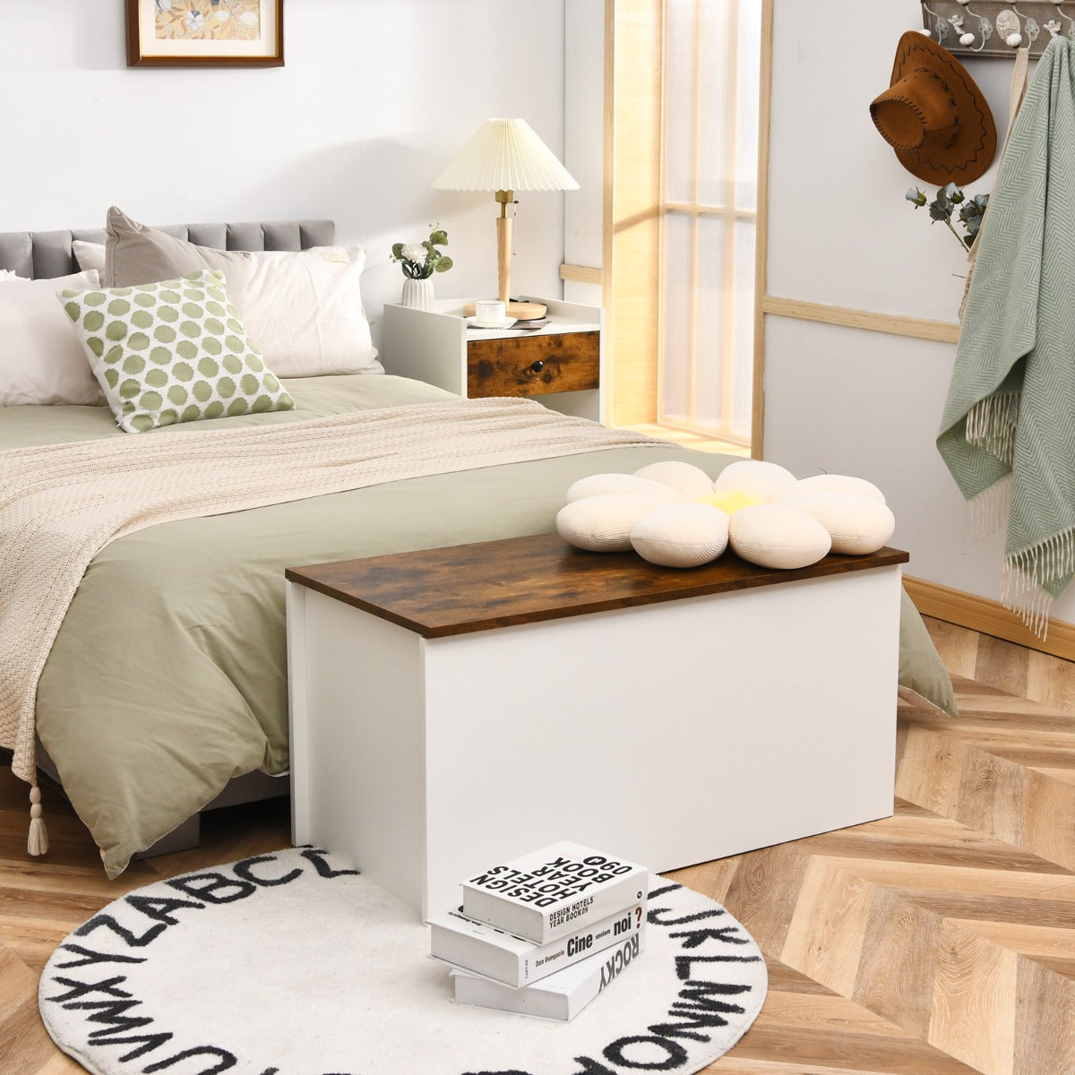 Baúl de Armazenamento 2 em 1 com Tampa Abatível Porta Autosustentável Banco Organizador de 90 cm de Largura com Design Anti-colisão Branco
