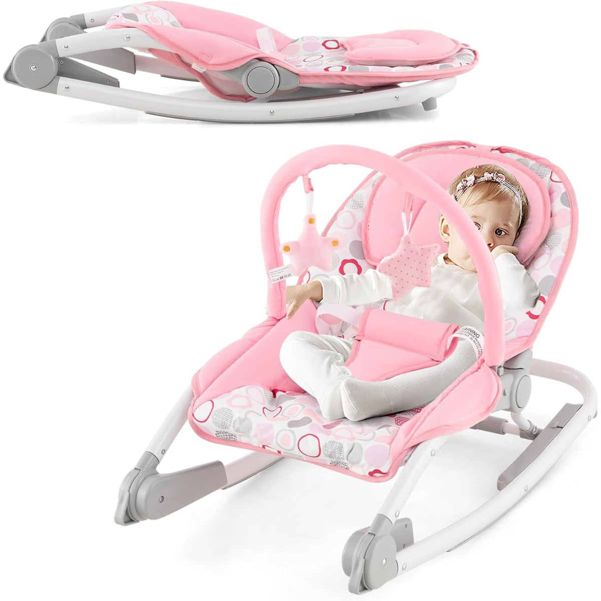 Baloiço 2 em 1 para Bebés – Cor Rosa – Metal e Tecido