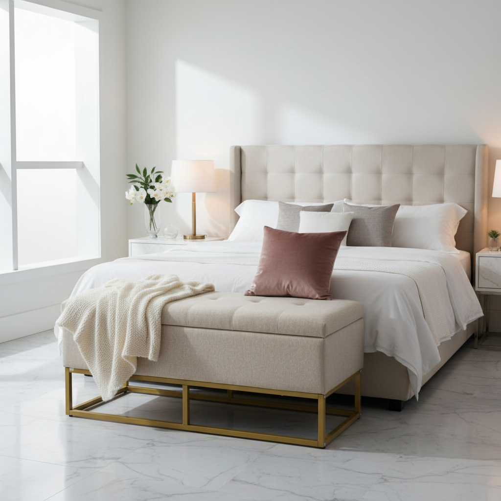 Banco baú dourado em quarto de luxo