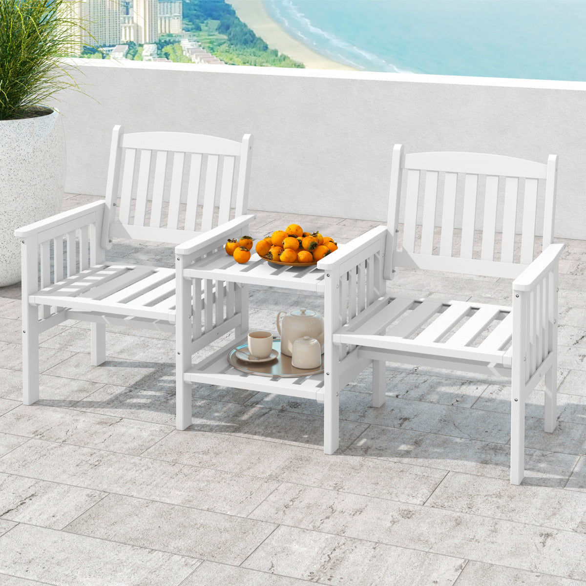 Banco de Jardim de 2 Lugares com Mesa em Madeira de Abeto para Exterior com Mesa Central de 2 Níveis e Buraco para Guarda-Sol de 5 cm para Pátio Varanda Branco