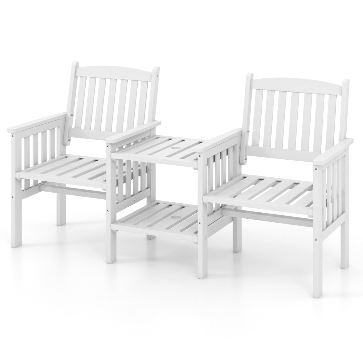 Banco de Jardim de 2 Lugares com Mesa em Madeira de Abeto para Exterior com Mesa Central de 2 Níveis e Buraco para Guarda-Sol de 5 cm para Pátio Varanda Branco