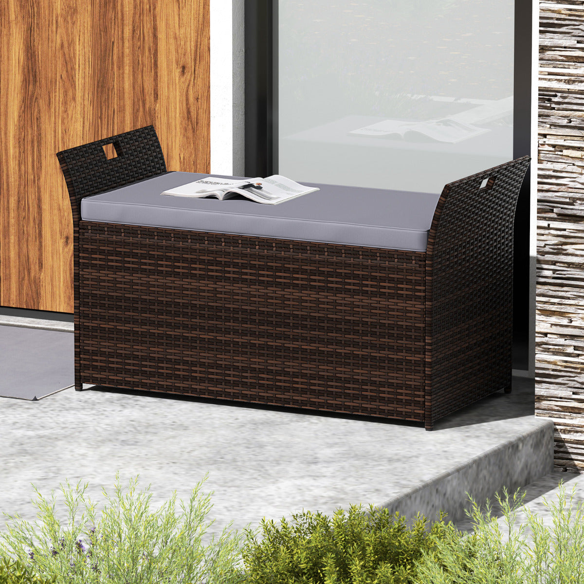 Banco de Armazenamento Exterior em Rattan PE com Almofada e Pegas Laterais - Banco de Jardim para 2 Pessoas Caixa para Piscina Terraço Jardim