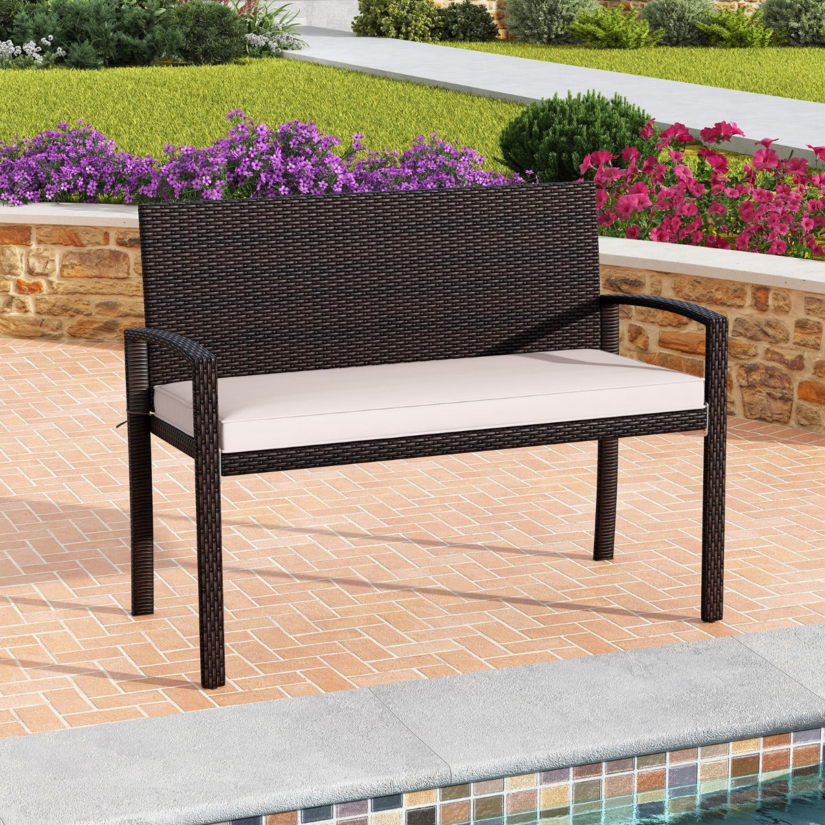 Sofá de 2 Lugares em Vime com Almofada Acolchoada de Assento Suave Encosto e Apoios de Braços para Pátio 110 x 56 x 84 cm- Branco