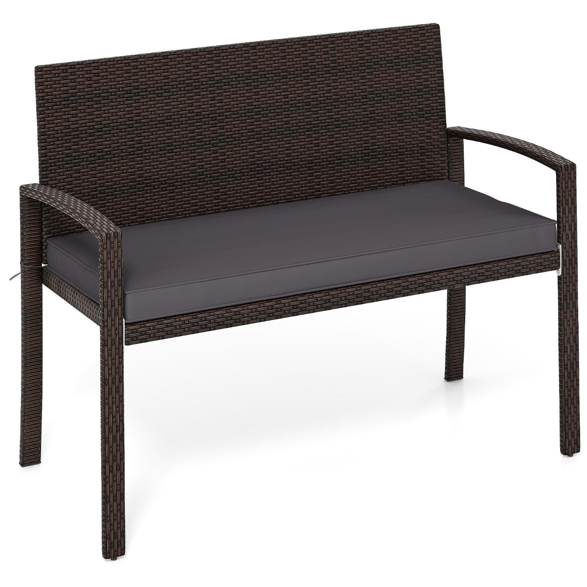 Banco de 2 Lugares de Vime com Almofada Acolchoada para Assento Suave Encosto e Apoios de Braços para Pátio 110 x 56 x 84 cm-Cinza