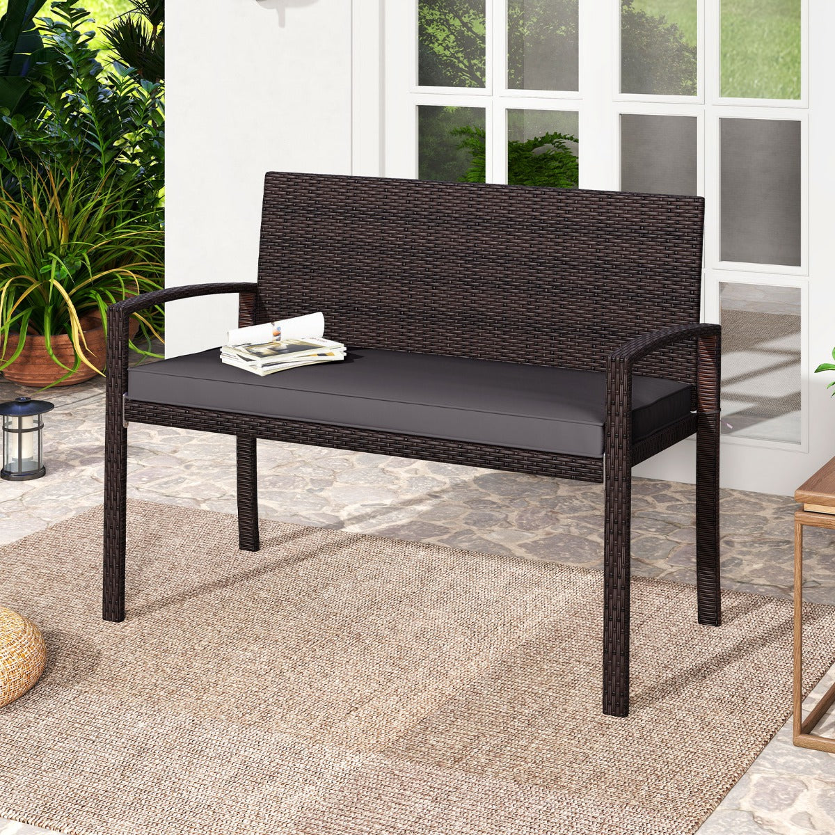 Banco de 2 Lugares de Vime com Almofada Acolchoada para Assento Suave Encosto e Apoios de Braços para Pátio 110 x 56 x 84 cm-Cinza