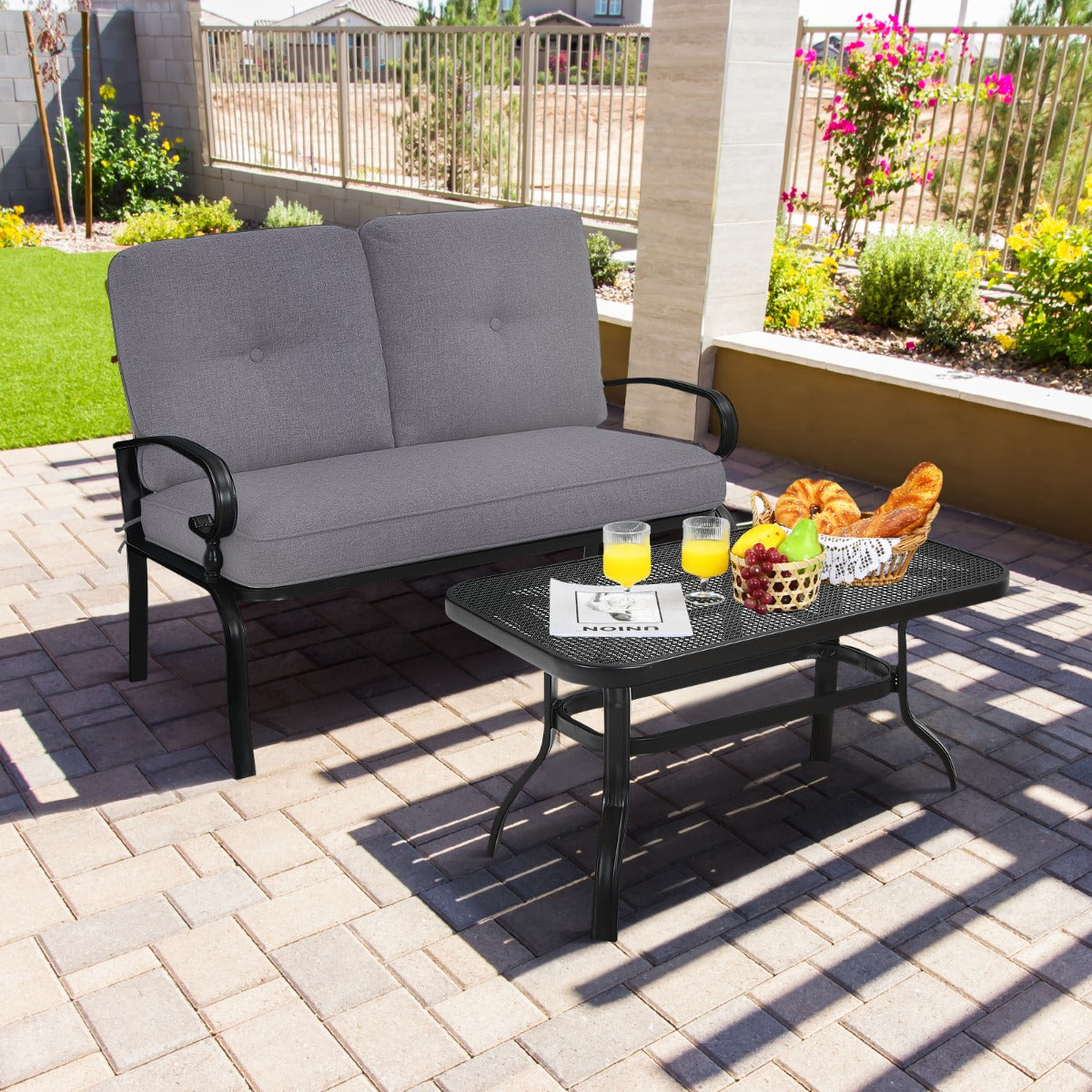 Conjunto de Sofá de 2 Lugares e Mesa de Café Banco de Exterior com Almofadas para Pátio Jardim Cinza e Preto