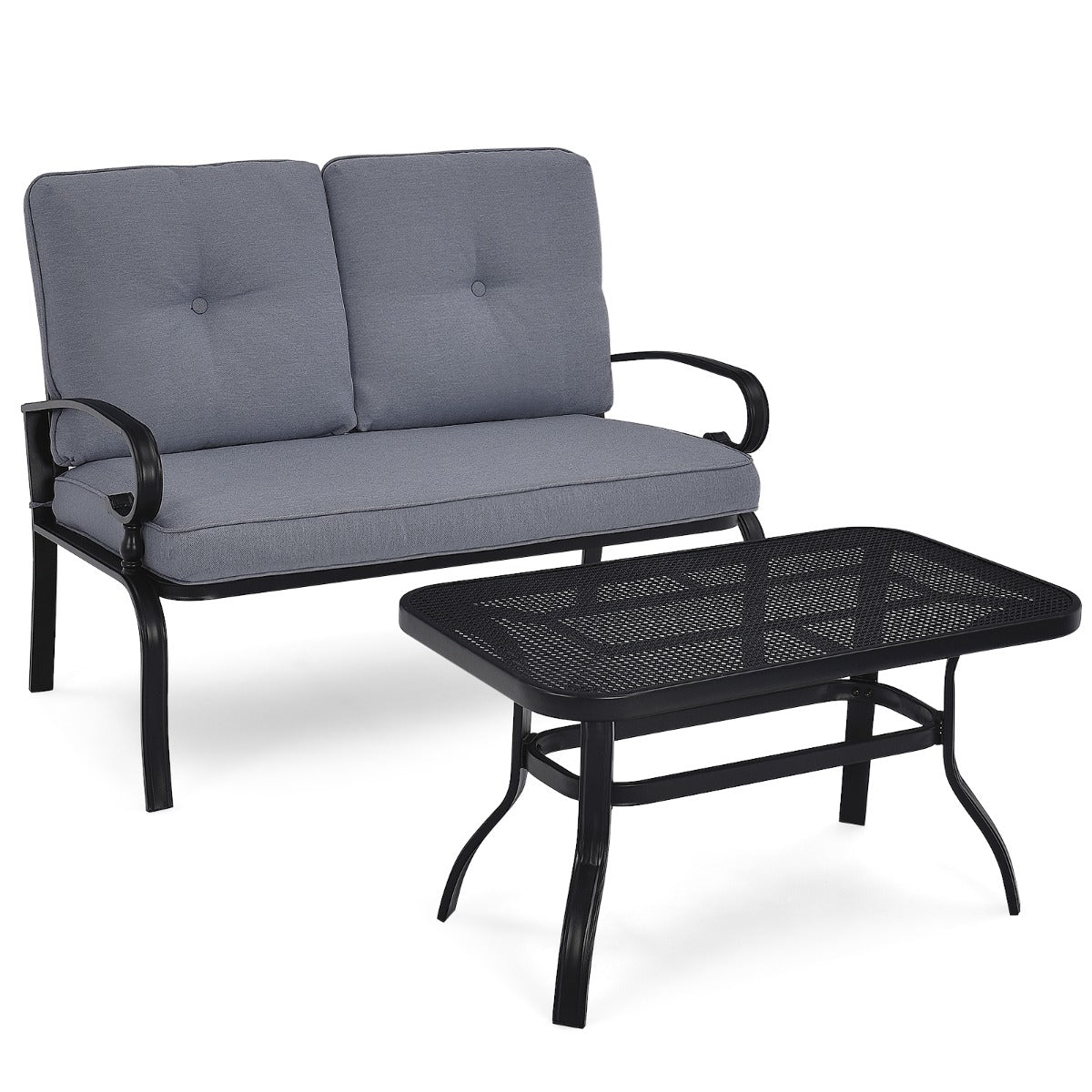 Conjunto de Sofá de 2 Lugares e Mesa de Café Banco de Exterior com Almofadas para Pátio Jardim Cinza e Preto