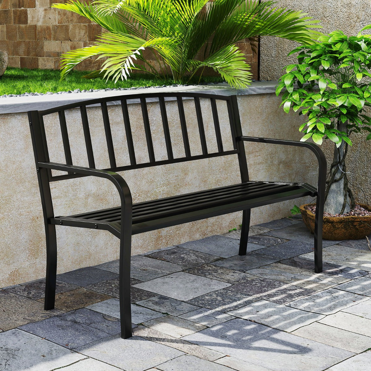 Banco de Jardim de 127 cm com Encosto de Ripas e Apoios de Braços Curvos para Pátio Preto