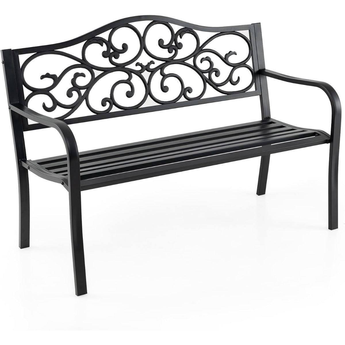 Banco de Jardim de Metal de Ferro Fundido com Encosto Floral e Assento Preto de Ripas - 128 cm