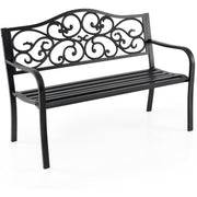 Banco de Jardim de Metal de Ferro Fundido com Encosto Floral e Assento Preto de Ripas - 128 cm