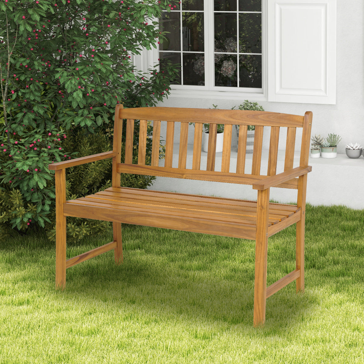 Banco de Jardim em Madeira de Acácia 2 Lugares com Encosto Braços Assento com Ripas Capacidade 360kg para Pátio 110 x 56,5 x 86 cm Natural