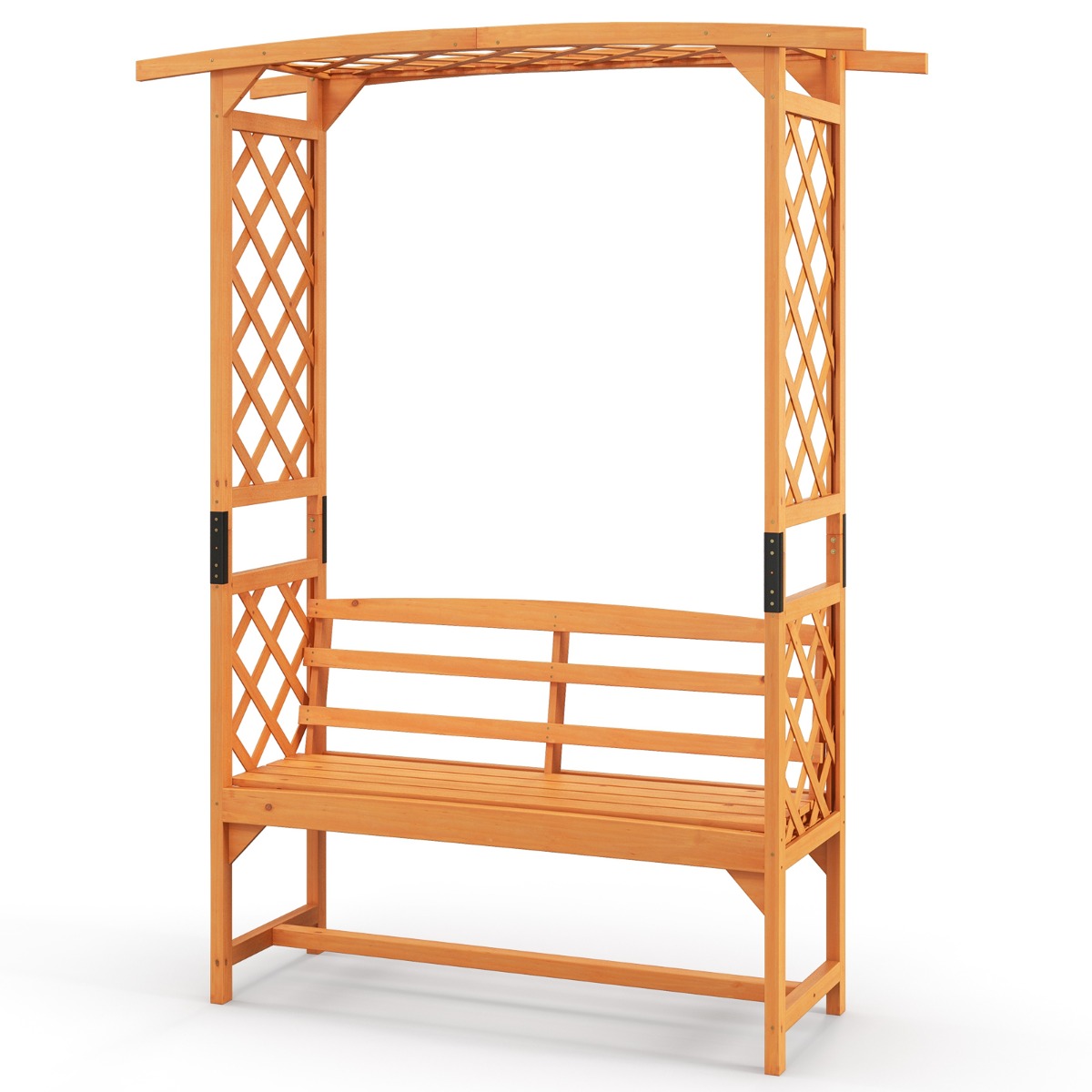 Arco de Jardim Pátio de 199 CM Arco de Madeira Natural com Pérgola Banco de 2 Lugares Treliça para Plantas Trepadeiras Decorativo Exterior