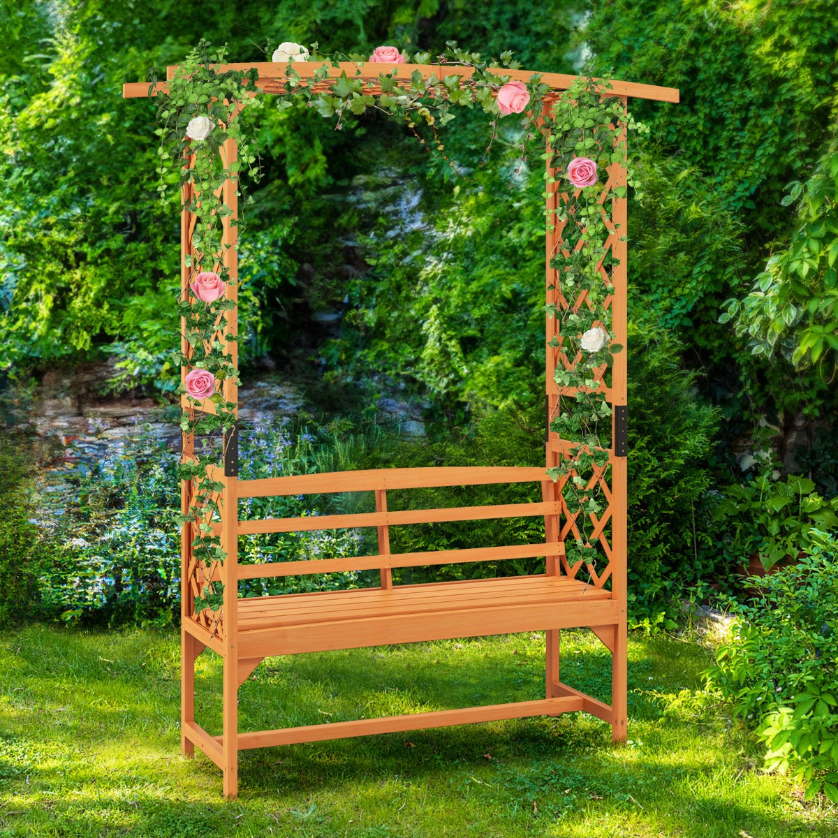 Arco de Jardim Pátio de 199 CM Arco de Madeira Natural com Pérgola Banco de 2 Lugares Treliça para Plantas Trepadeiras Decorativo Exterior