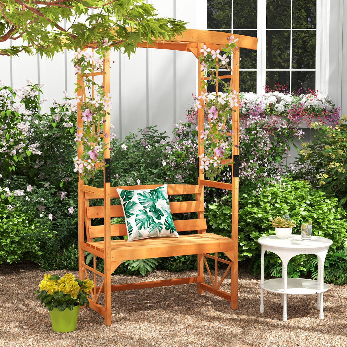 Arco de Jardim Pátio de 189 CM Arco de Madeira Natural com Pérgola Banco de 2 Lugares Treliça para Plantas Trepadeiras Decorativo Exterior
