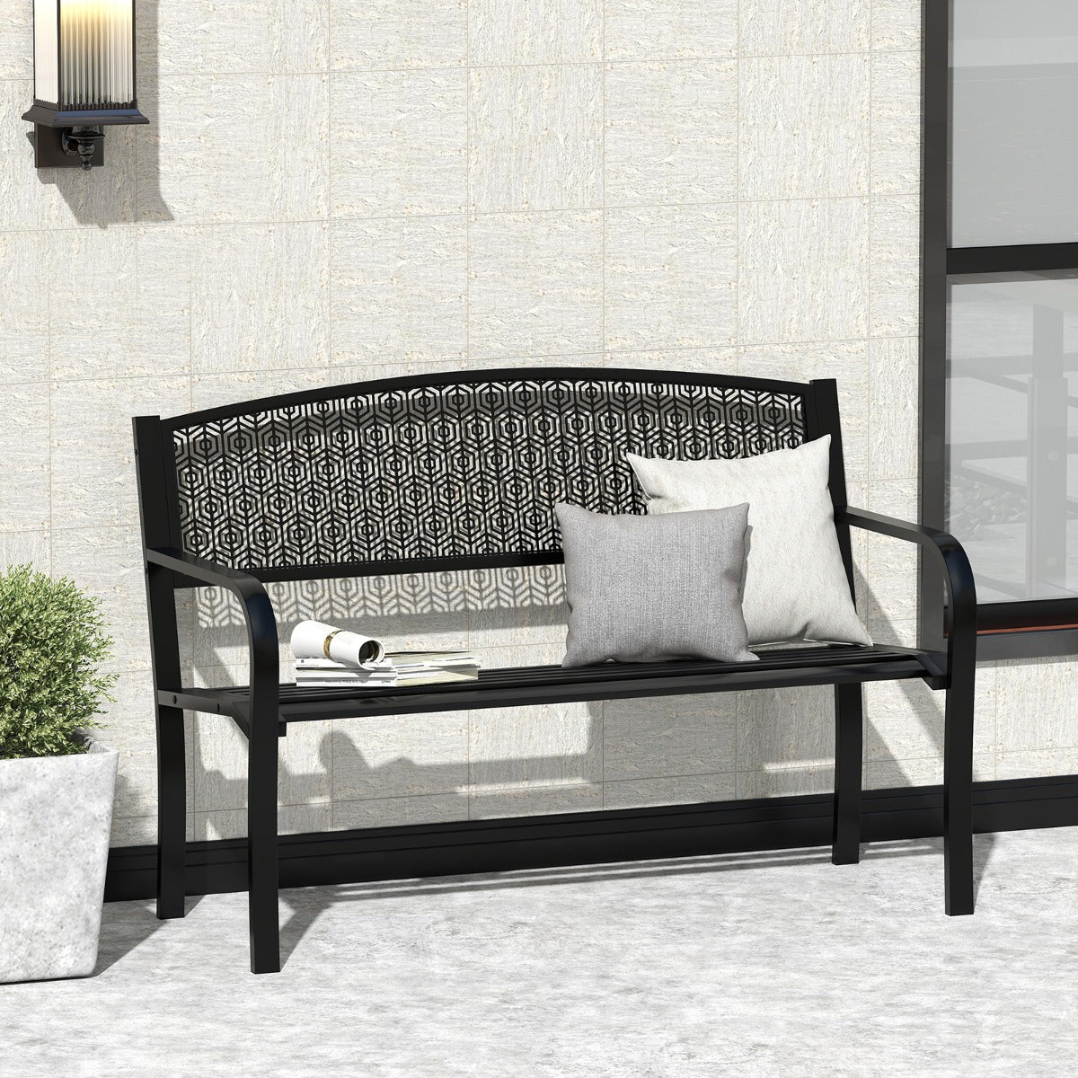 Banco de Ripas 128 cm para 2-3 Pessoas com Braços Curvos e Encosto Clássico para Exterior - Preto