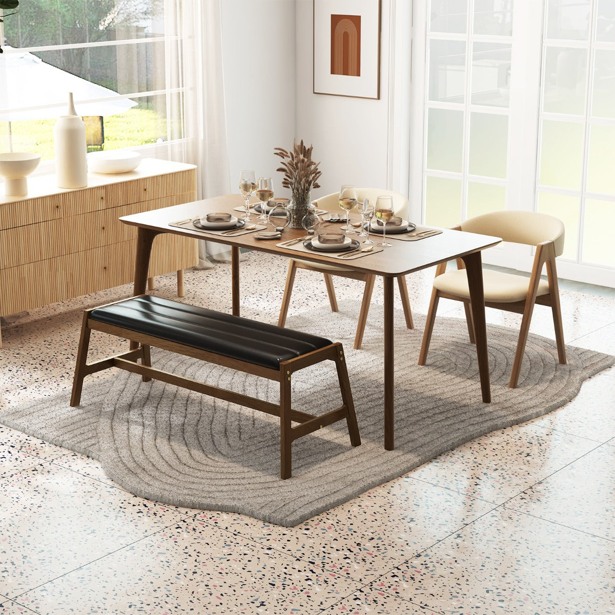 Banco Longo de Jantar de Madeira Maciça – 127 x 48 x 47,5 cm – Nogueira – Pele Sintética