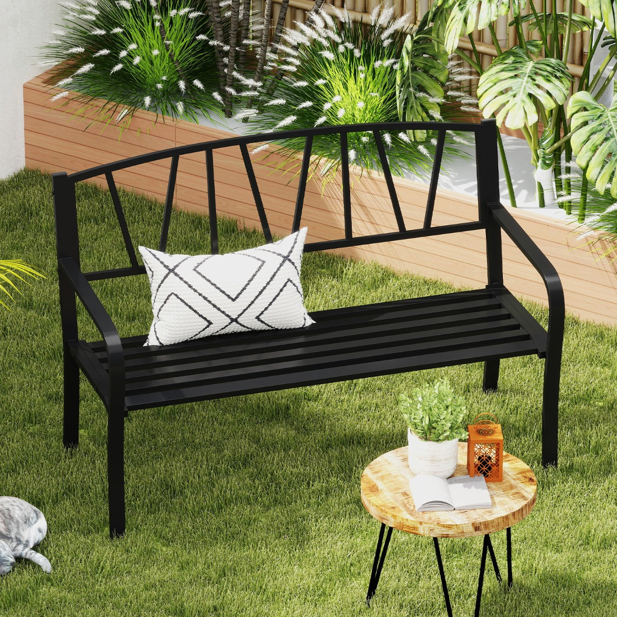 Banco de Jardim em Metal de 128 cm para 2-3 Pessoas com Apoios de Braços Curvos e Encosto Minimalista