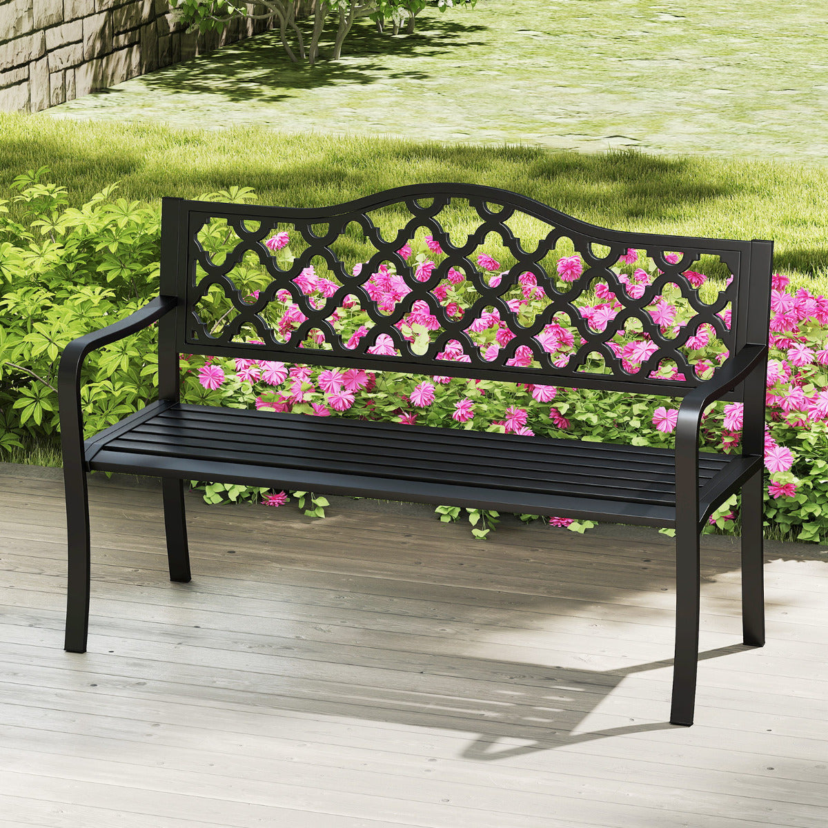 Banco de Jardim em Metal com Ripas para 2-3 Pessoas - Preto
