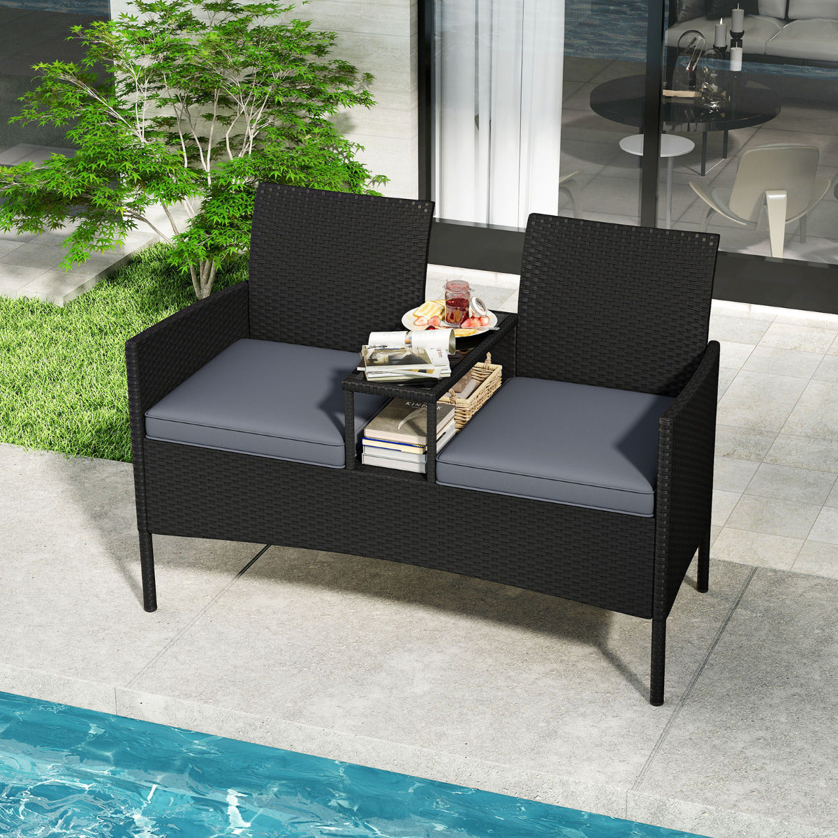 Banco de Jardim com Mesa Integrada em Rattan de 2 Lugares com Almofadas Macias e Mesa de Vidro Temperado para Jardim Terraço Cinzento