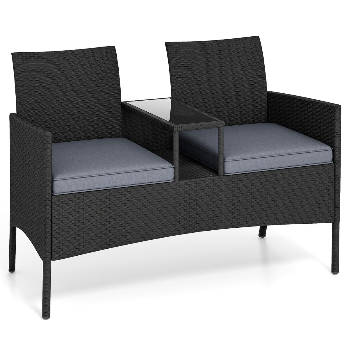 Banco de Jardim com Mesa Integrada em Rattan de 2 Lugares com Almofadas Macias e Mesa de Vidro Temperado para Jardim Terraço Cinzento