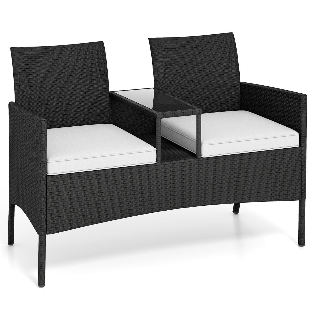 Banco de Jardim com Mesa Integrada em Vime de 2 Lugares com Almofadas Macias e Mesa de Vidro Temperado para Jardim Terraço Branco
