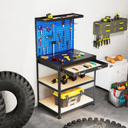 Banco de Trabalho de 81 x 41 cm com Capacidade de 225 kg, Mesa de Trabalho com Gaveta, Prateleiras, 20 Ganchos, Estação de Trabalho em Metal para Garagem Oficina Azul