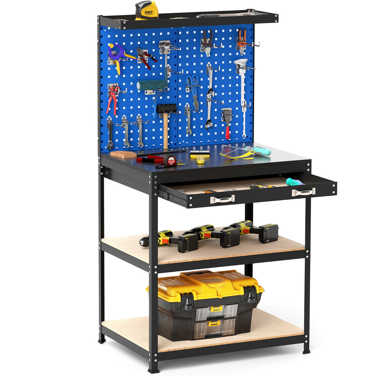 Banco de Trabalho de 81 x 41 cm com Capacidade de 225 kg, Mesa de Trabalho com Gaveta, Prateleiras, 20 Ganchos, Estação de Trabalho em Metal para Garagem Oficina Azul