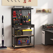 Banco de Trabalho para Armazenamento de Ferramentas com Painel Perfurado e Gavetas 14 Acessórios Estrutura de Metal para Garagem Vermelho
