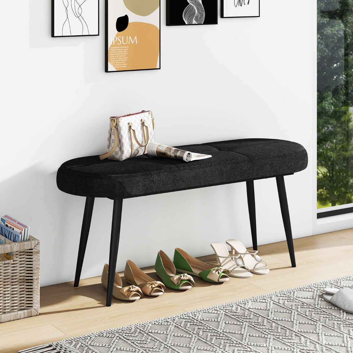Banco Otomano Acolchoado – 113 cm – Preto – Metal e Tecido de Poliéster