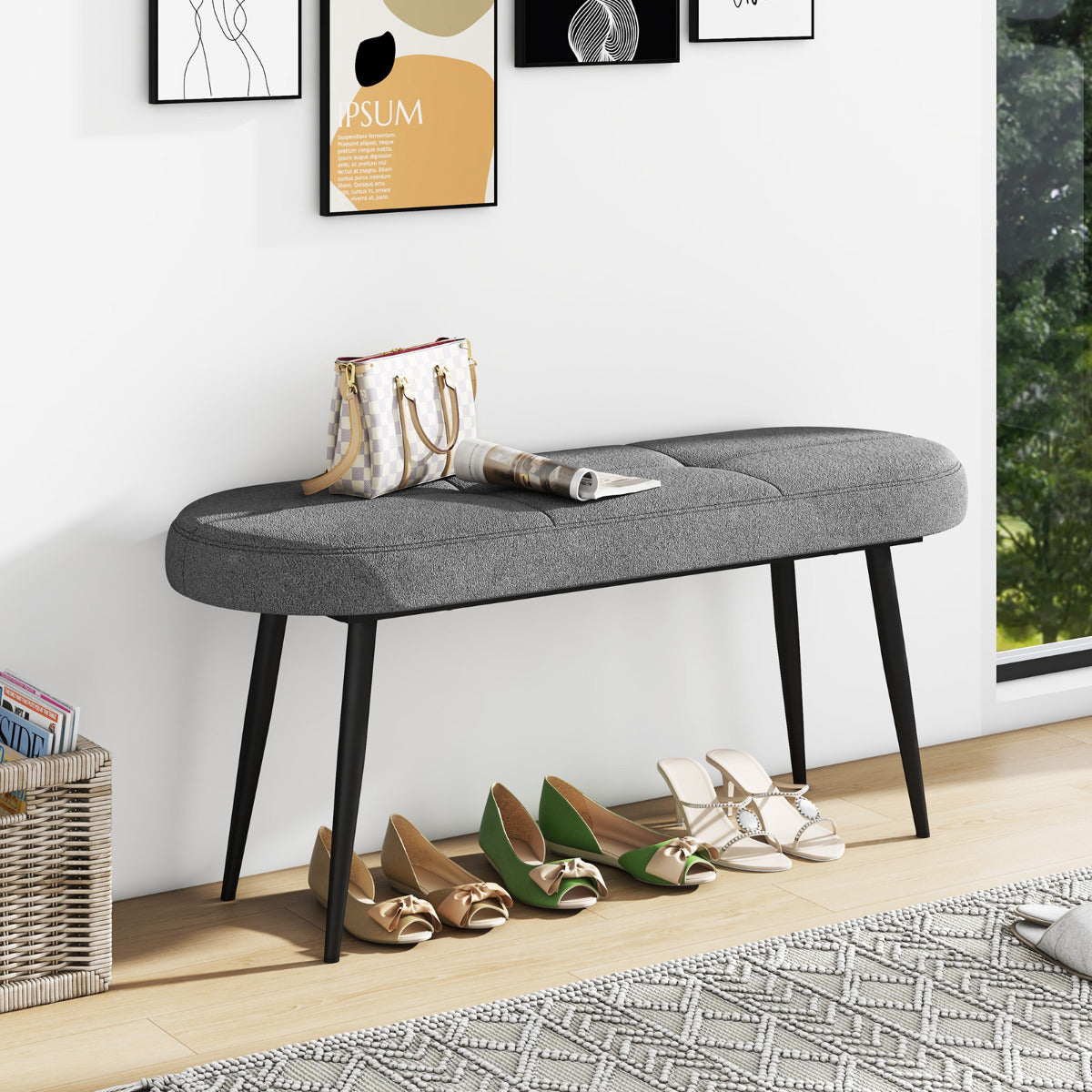 Banco Otomano Acolchoado – 113 cm x 40 cm x 48 cm – Cinzento – Poliester e Metal