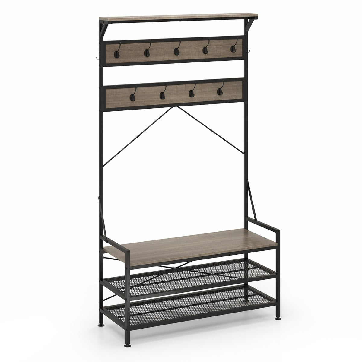 Banco para Sapatos com Estante 11 Ganchos Estrutura de Metal Industrial para Entrada 102 x 40 x 184 cm - Cinzento