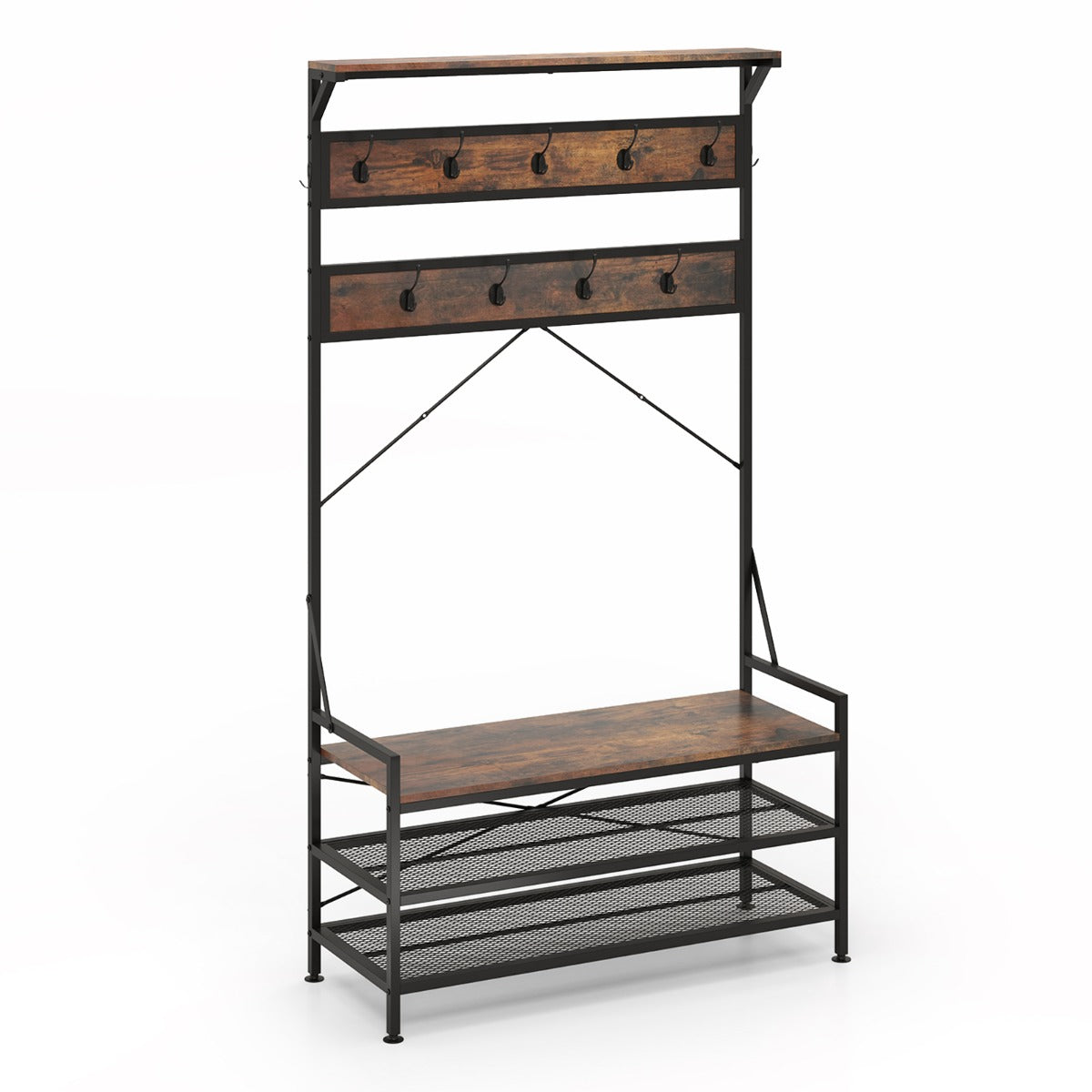 Banco para Sapatos com Estante 11 Ganchos Estrutura de Metal Industrial para Entrada 102 x 40 x 184 cm - Castanho