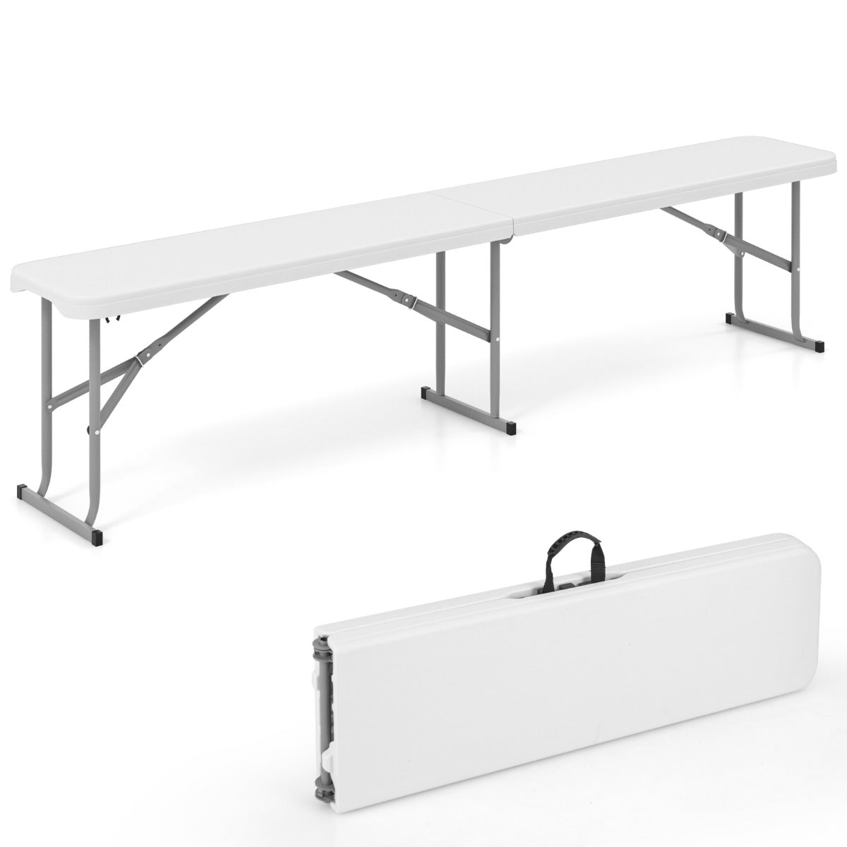 Banco Dobrável Assento de Piquenique BBQ Portátil com Superfície de HDPE Estrutura Metálica 182 x 27,5 x 43 cm Branco