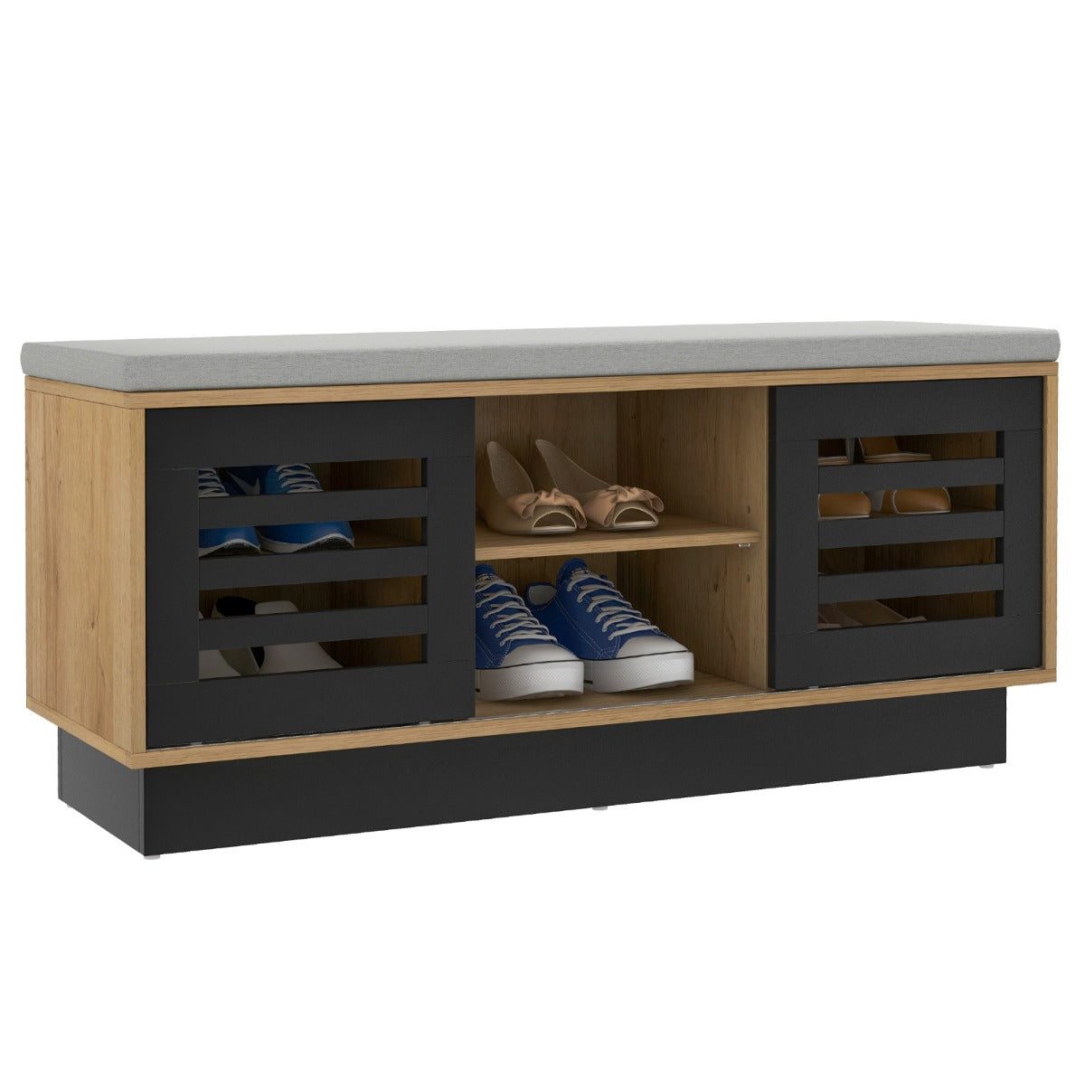 Banco de Sapateira com Assentos e 6 Compartimentos de Armazenamento 3 Prateleiras e 2 Portas para Entrada 99,5 x 34,5 x 46 cm Natural