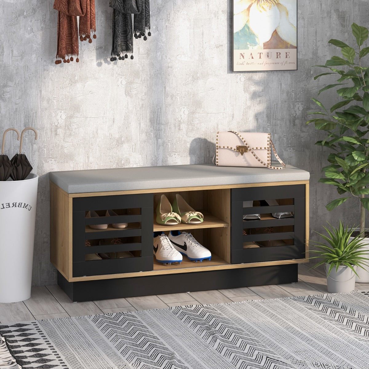 Banco de Sapateira com Assentos e 6 Compartimentos de Armazenamento 3 Prateleiras e 2 Portas para Entrada 99,5 x 34,5 x 46 cm Natural
