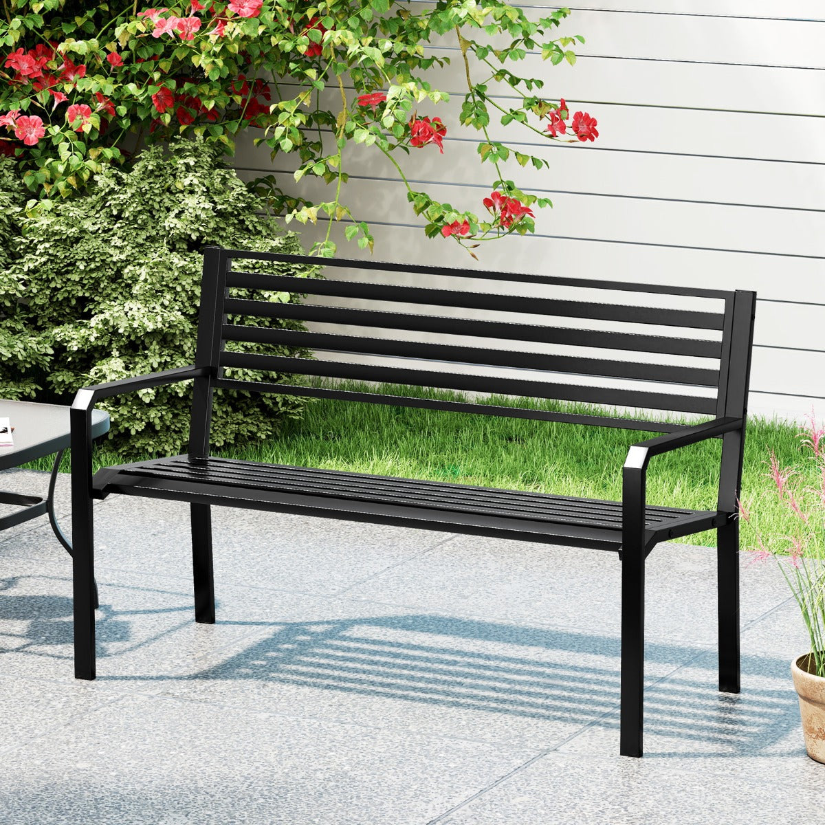 Banco de Jardim de Metal para Exterior de 127 cm com Listas para 2-3 Pessoas - Negro