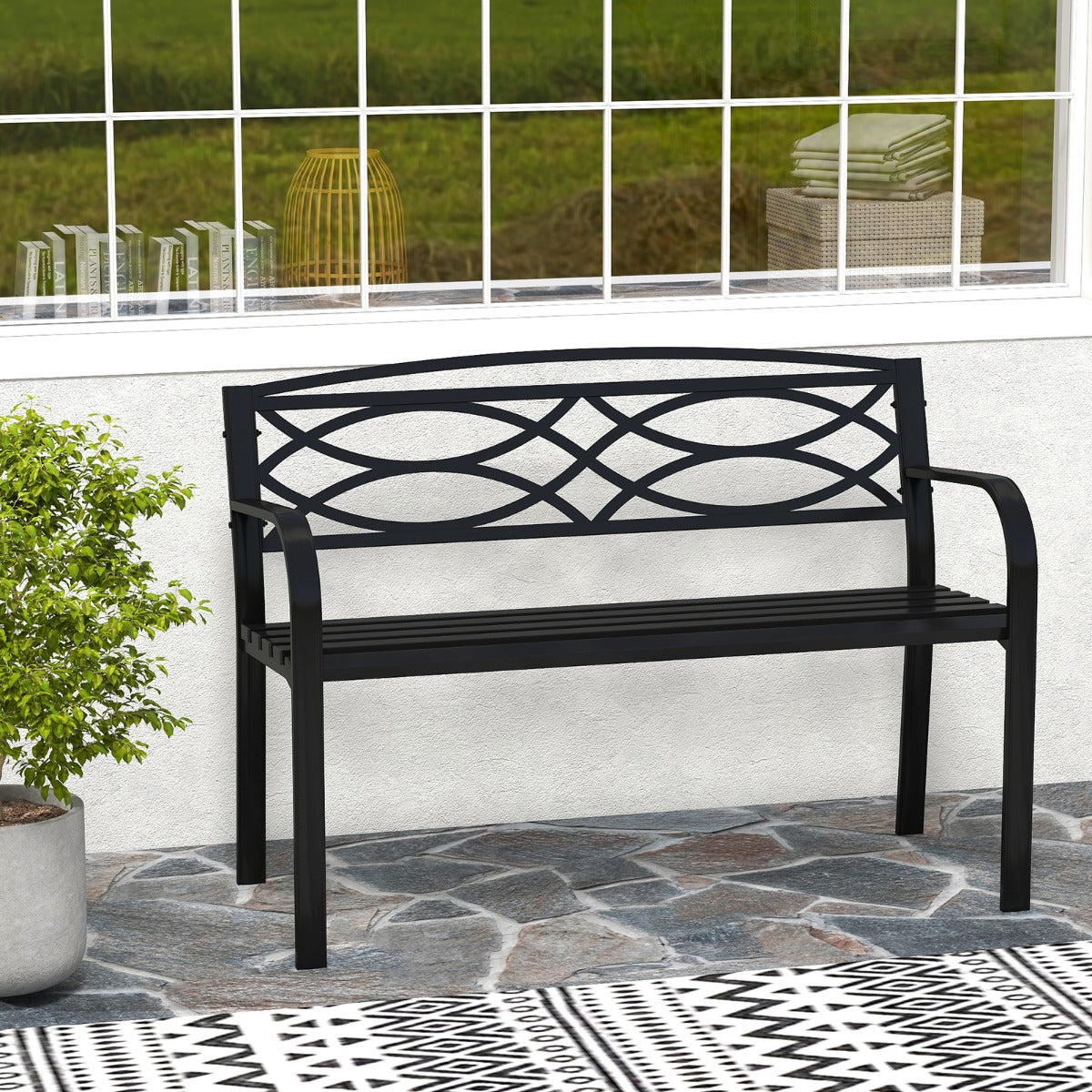 Banco de Jardim de 116 cm para 2 Pessoas em Metal Resistente com Apoios de Braços e Encosto Curvados 49 x 116 x 83 cm