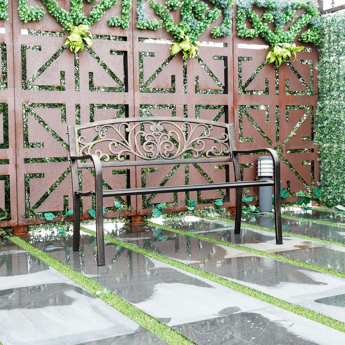 Banco de Jardim em Metal 126x60x85 cm Assento em Ferro Fundido com Encostos para Parque e Pátio - Bronze
