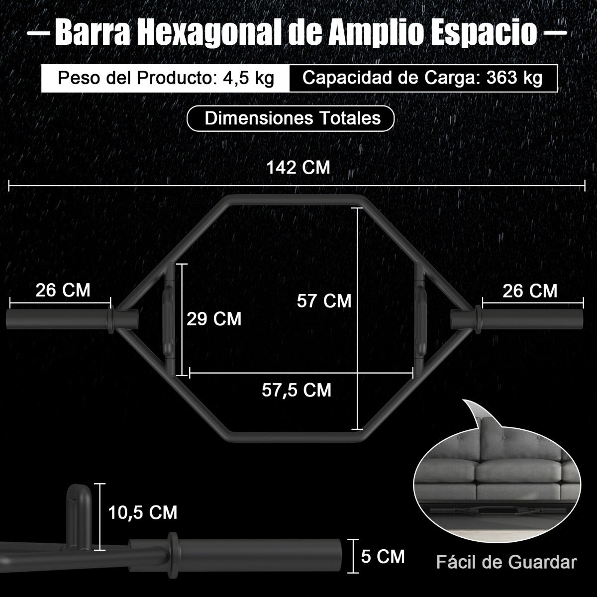 Barra Hexagonal Plegável com Pegas Estriadas - Suporta 363 kg com Mola de Segurança - Preto