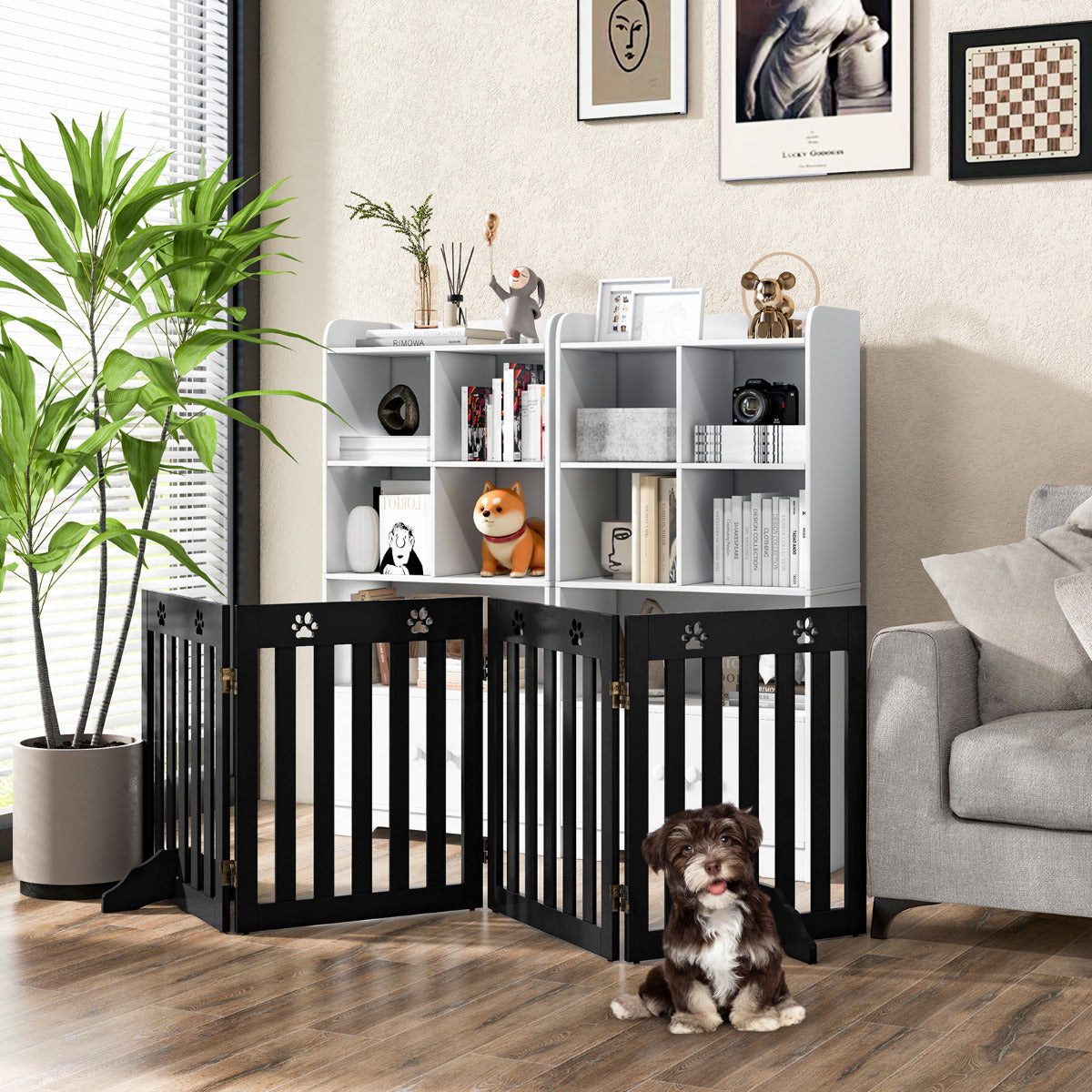 Portão de Segurança Dobrável de 4 Painéis para Cães Grade para Animais de Estimação Cerca de Proteção para Portas Escadas 204 x 61 x 1,5 cm Castanho