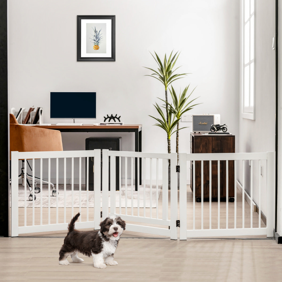 Barreira Dobrável para Cães – 3 Painéis – Branco – Madeira de Pinho