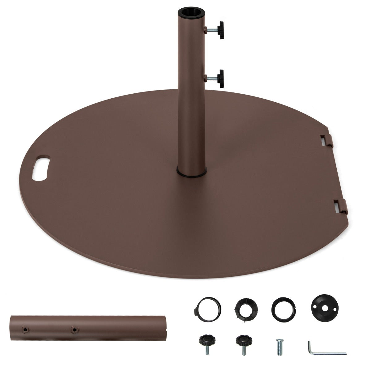 Base de Guarda-Sol Redonda em Metal para Pátio 23kg com 2 Manípulos de Aperto, Rodas e Pega Castanha