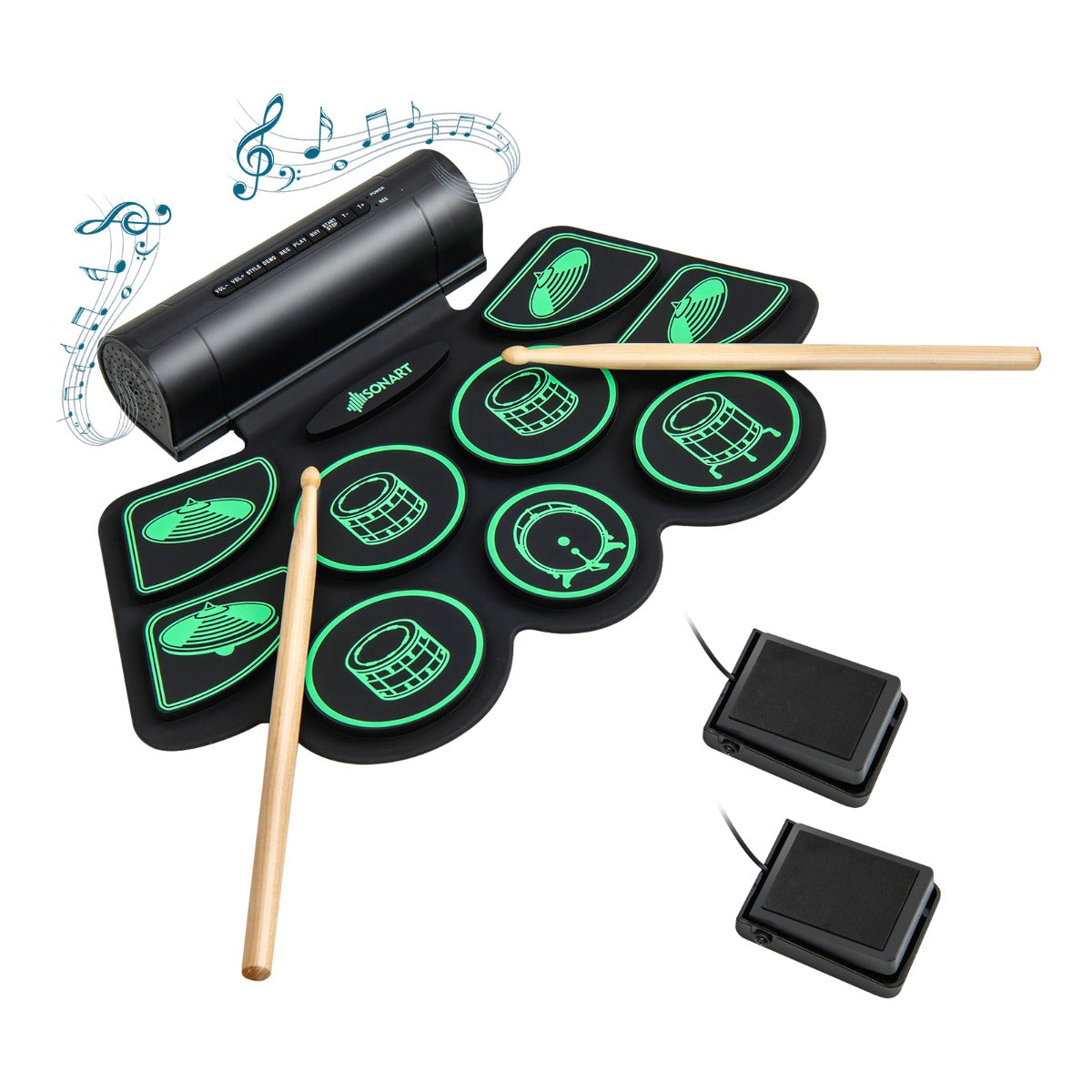 Kit de Bateria Eletrónica de 9 Pads com 2 Pedais, 2 Baquetas, Saída para Auscultadores, Função MIDI, Porta USB e MP3