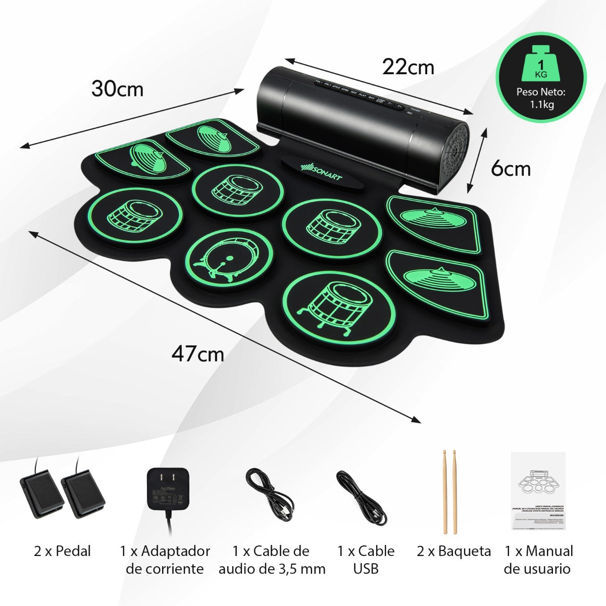 Kit de Bateria Eletrónica de 9 Pads com 2 Pedais, 2 Baquetas, Saída para Auscultadores, Função MIDI, Porta USB e MP3