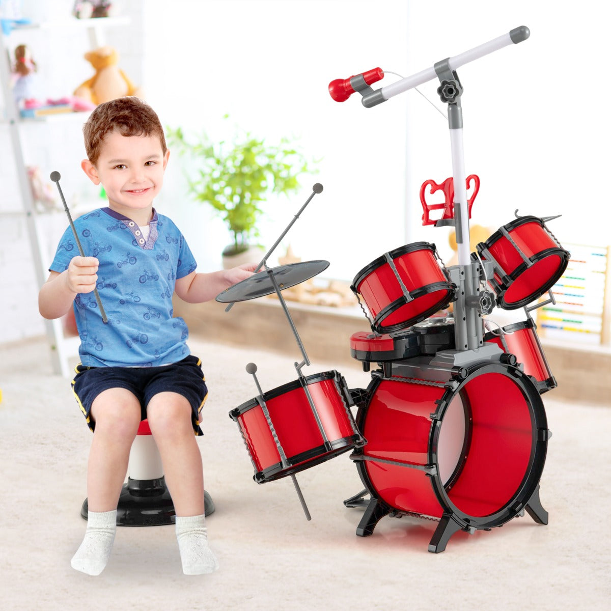 Bateria Infantil Multifuncional com Microfone e Teclado – Vermelha – PP
