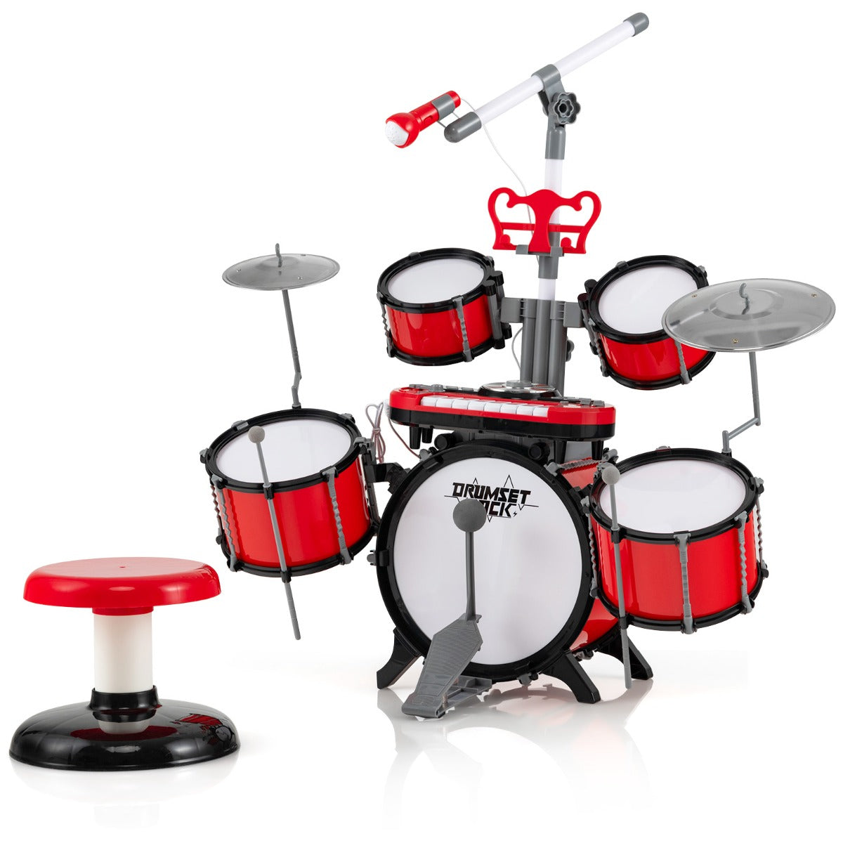 Bateria Infantil Multifuncional com Microfone e Teclado – Vermelha – PP
